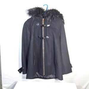 Women's 1X Black Nine West Long Toggle/Zipper Faux Fur Hood Coat